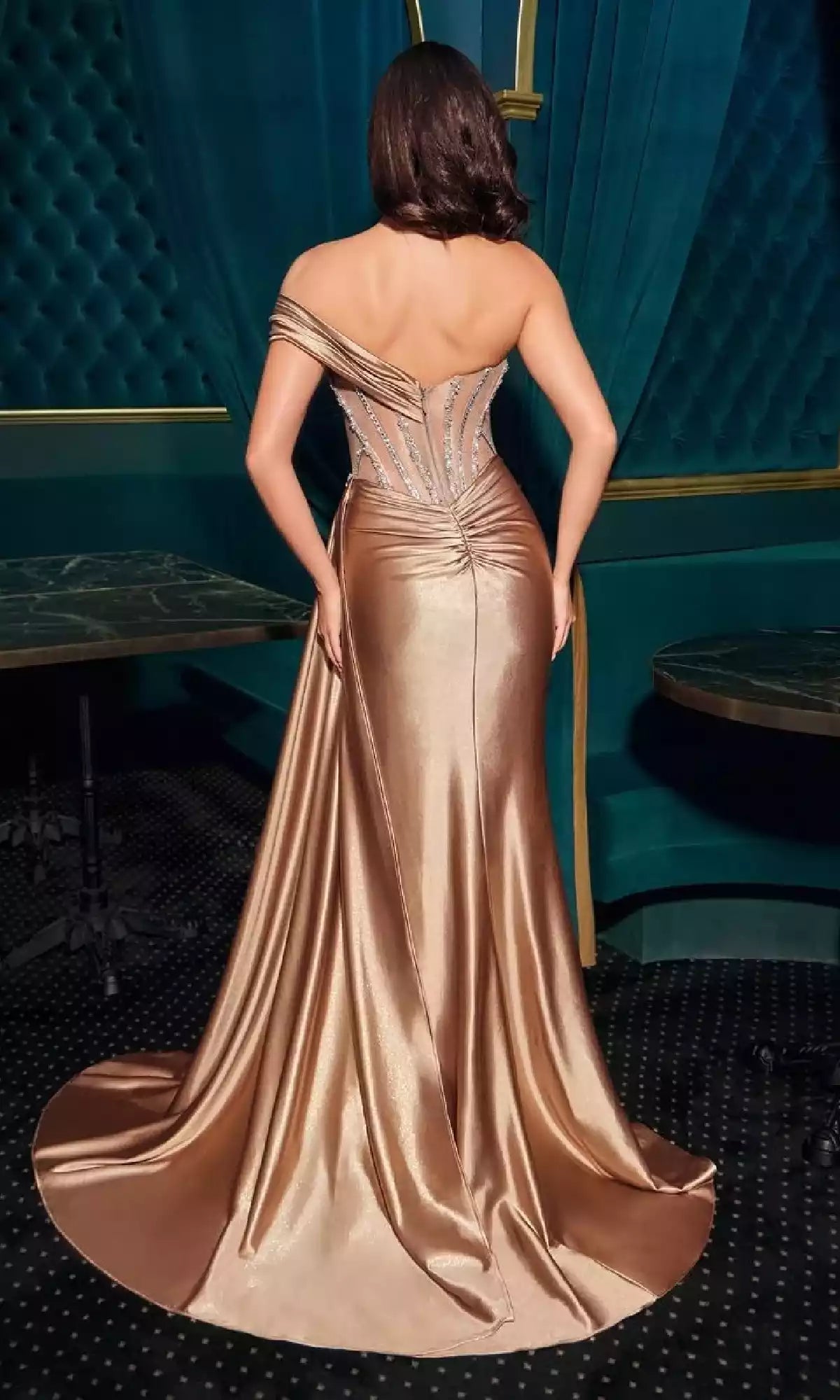 Charming satin sweetheart bead see through tight corset with single shoulder strap and side slit Prom Dresses